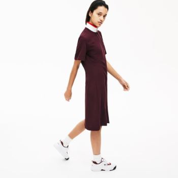 Lacoste Flared Zip-Up Polo Dress Dámské - Šaty Tmavě Červené / Bílé / Červené | CZ-EHfASF